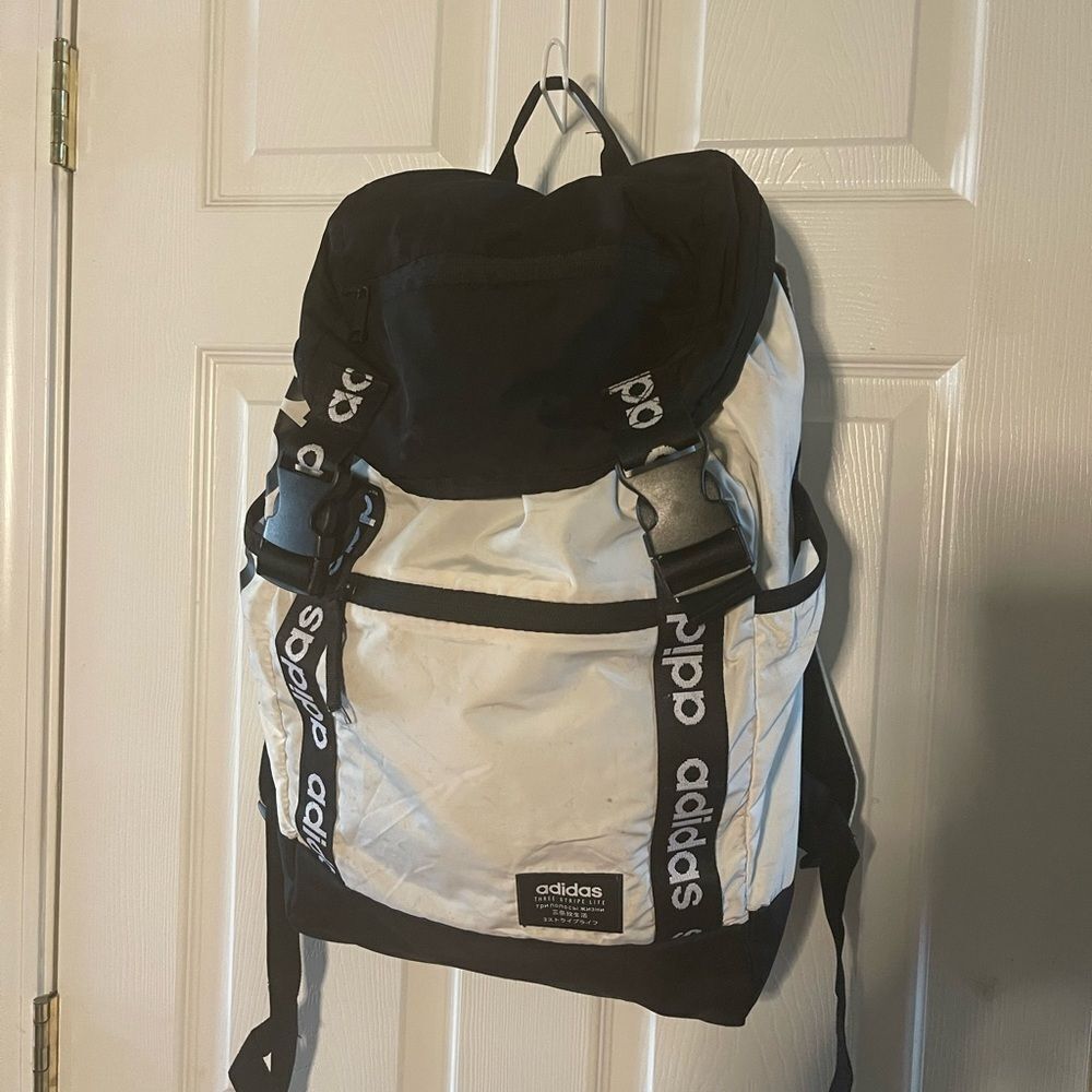Adidas Black and White Sporty large fabric Backpack with padded back & straps